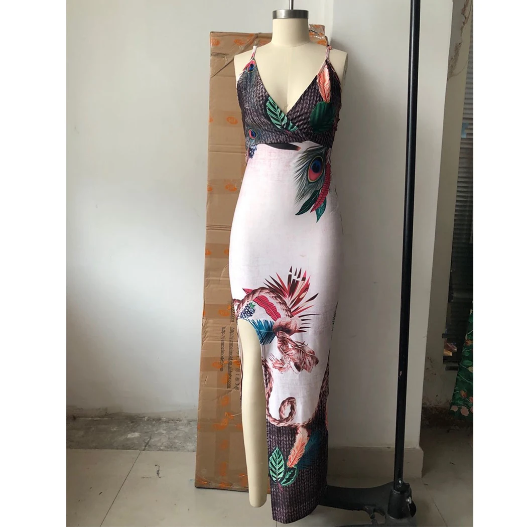 Женское модное платье с принтом перьев павлина на тонких бретельках открытой