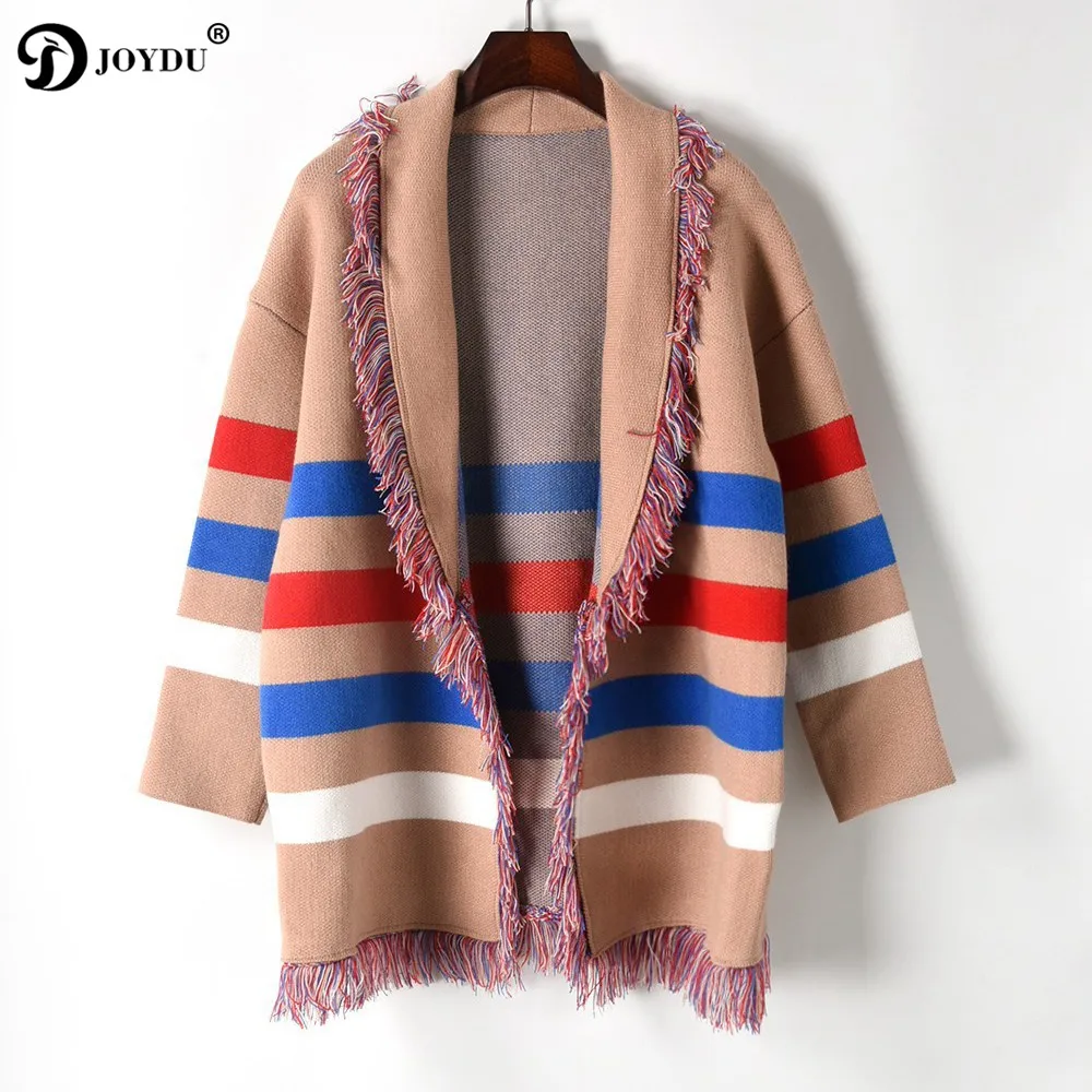 JOYDU Runway Poncho Cardigan Sweater Women 2018 Winter Thick Cape Tassel Lapel Wool Coat Jacket Color Block Striped Knit Jumper |