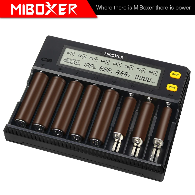 MiBOXER C4 C8 18650 зарядное устройство ЖК дисплей 1.5A для Li Ion LiFePO4 Ni MH Cd 21700 20700 26650 18350 17670