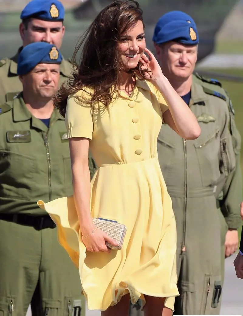 Новинка 2018 желтое однотонное шифоновое платье принцессы Kate Middleton модное