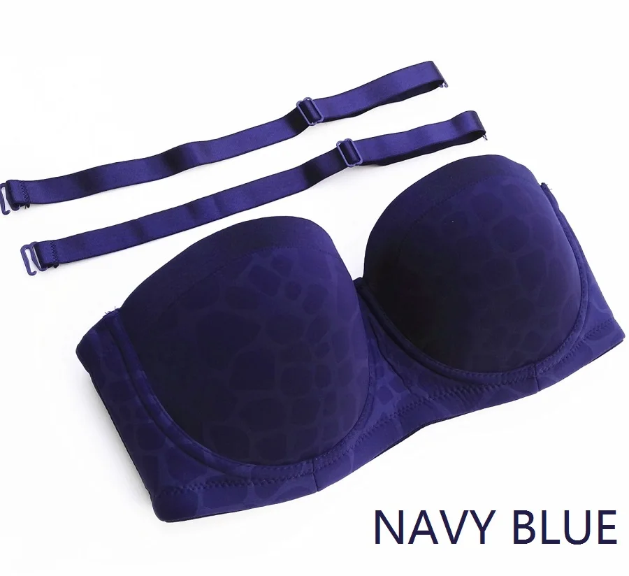 Navy blue 36D-46D Женский Сексуальный Бюстгальтер-балконет с геометрическим принтом без бретелек, половина чашки, на косточках, силиконовый ремешок, многополосный бюстгальтер H918 - Цвет: Navy blue