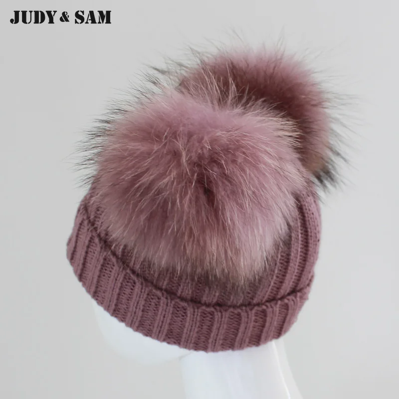 Зимняя Детская шерстяная шапка для детей с помпонами из натурального меха енота