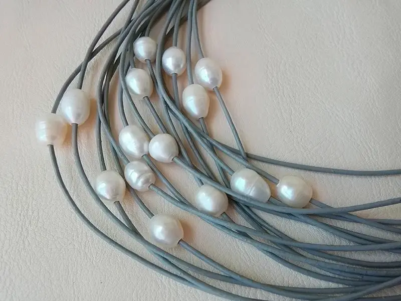 15 rows gray leather white genuine cultured freshwater pearl necklace 17-20&quot | Украшения и аксессуары