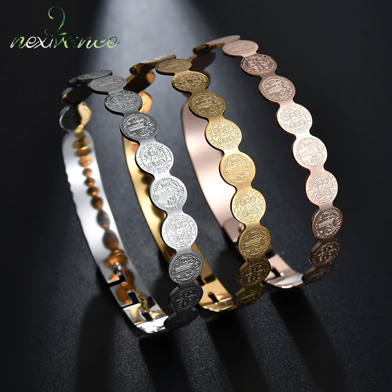 

Nextvance Jesus Round Amulet Bangle Stainless Steel Saint Benedict Bracelets Bangles For Female Male Jewelry Bileklik