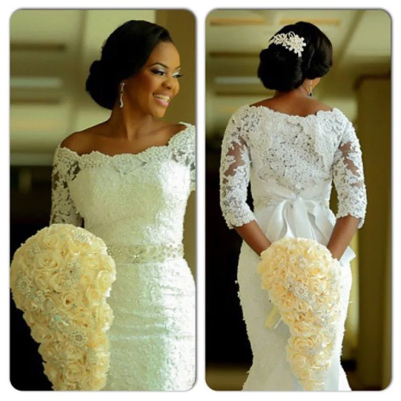 Русалка vestidos de novia Свадебные Платья 2017 Из Бисера Кружева Appliques Хиджаб Длинным