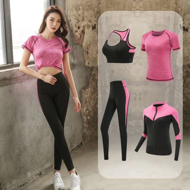 Quick dry women sportswear 4PCS set fitness gym yoga clothing suit sets coat+bra+t shirt+leggings 2019 workout running training 3