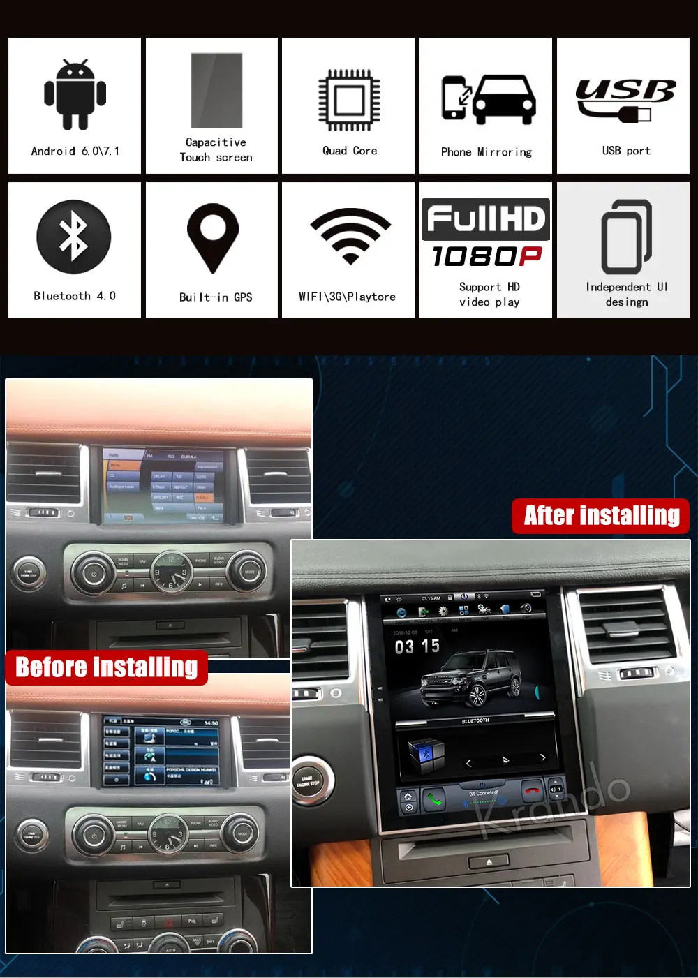 Krando Автомагнитола Android 4,4 10," Tesla вертикальный сенсорный экран плеер для Range Rover 2011-2013 gps навигационная система