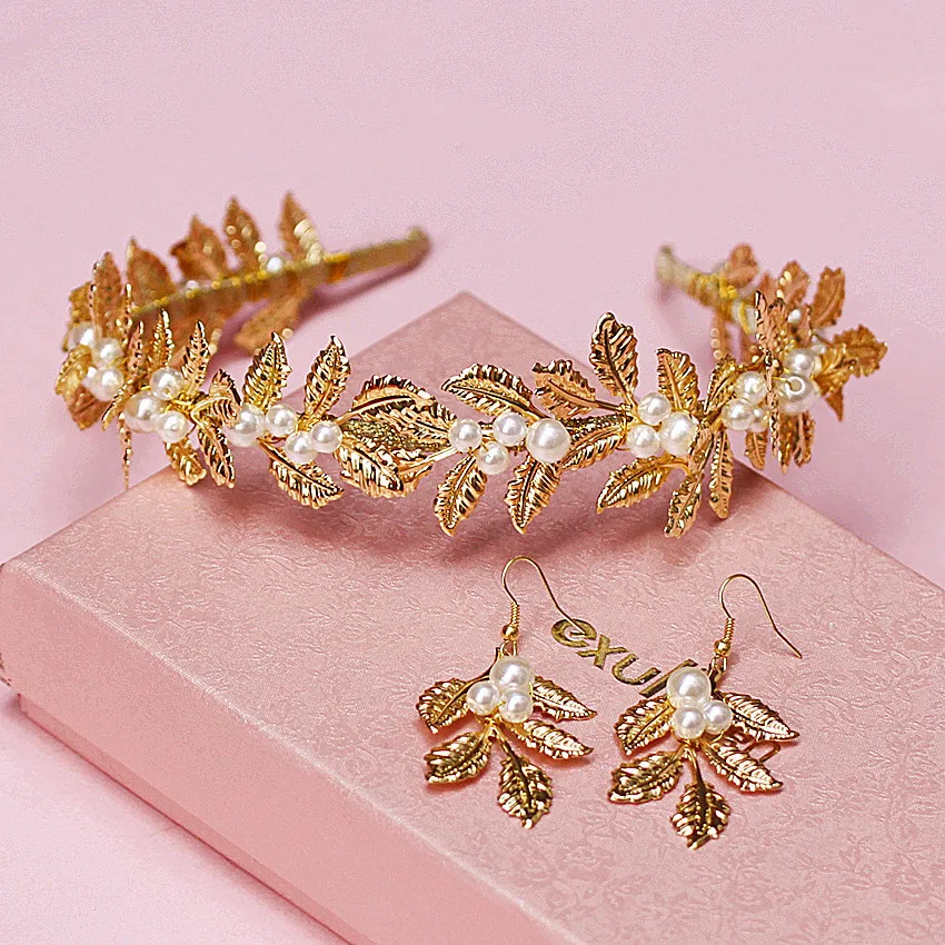 Корейский обруч для волос невесты ретро металлические листья Золотая Жемчужная