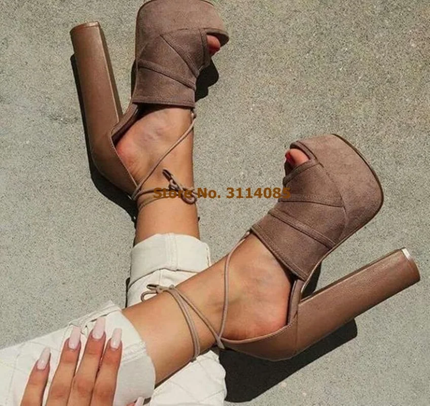 Women Sexy Chunky Heel Platform Sandals Brown Blue Mixed Color Lace-up Dress Shoes Open Toe Sky High Heel Pumps Thick Heel Shoes