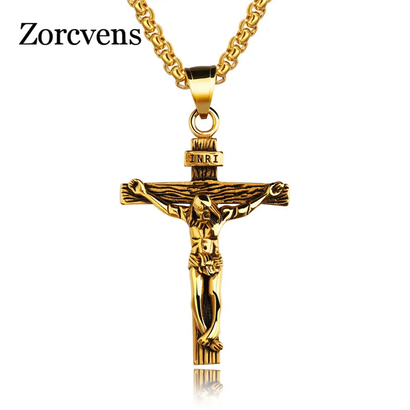 

ZORCVENS Cross INRI Crucifix Jesus Piece Pendant & Necklace Gold Color Stainless Steel Men Chain Christian Jewelry Gifts Vintage