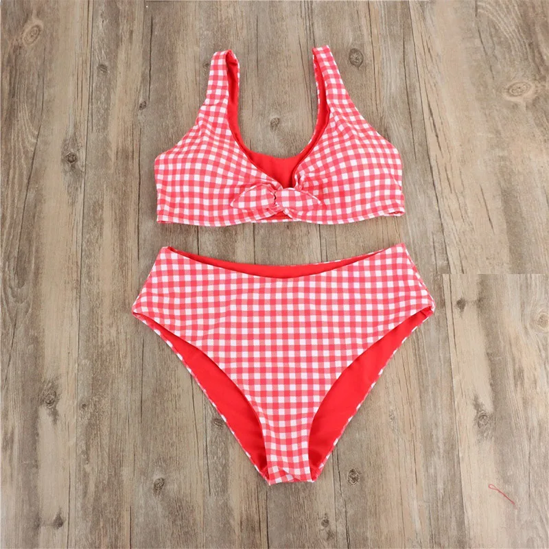 Сексуальный комплект бикини в горошек с высокой талией, женский купальник с бантиком и пуш-ап, купальник бикини, пляжная одежда, женский купальник в клетку