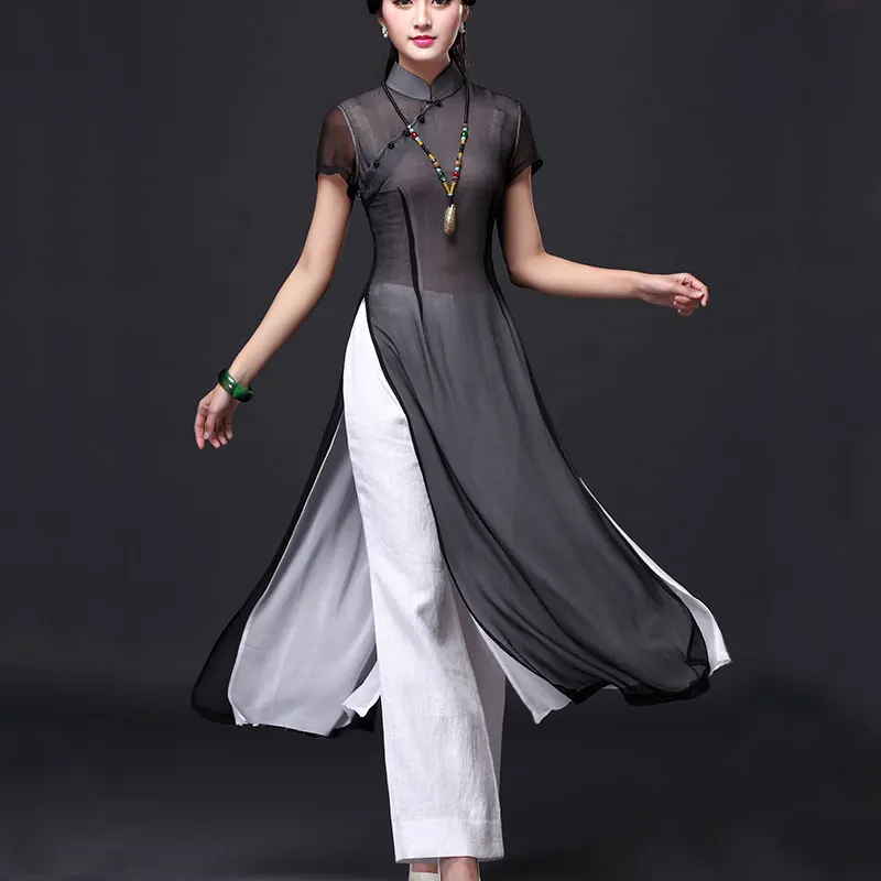 Брюки женские шифоновые с широкими штанинами и воротником-стойкой | Тематическая