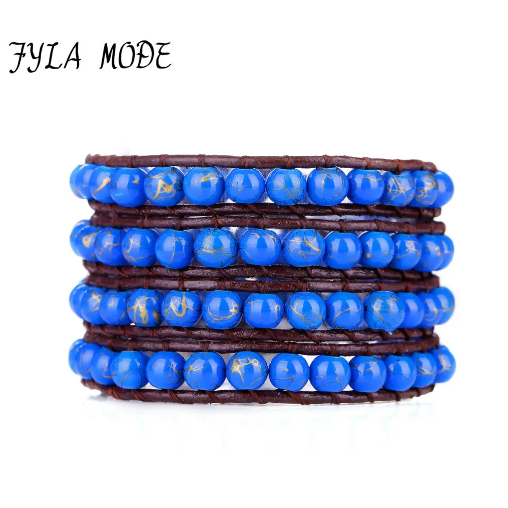 

Fyla Mode 6mm Blue Immitation Pearls 4 Wrap Bead Bracelet With Black Genuine Cowhide Leather Cord Artificial Pearl Bracelet