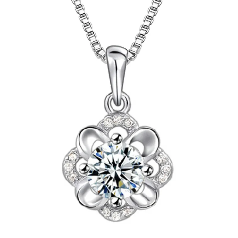 

100% 925 sterling silver fashion rose flower shiny crystal pendant necklaces for women jewelry birthday gift wholesale no fade