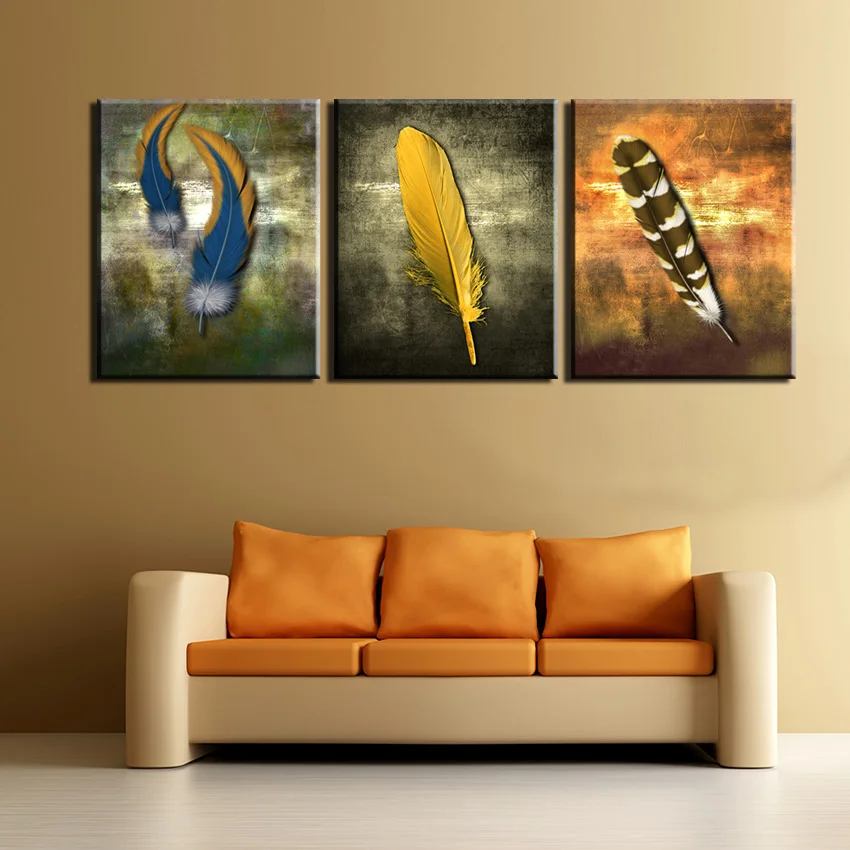 

Настенные картины 3 шт. цветные перья настенная живопись Печать на холсте для домашнего декора плакаты и краски картинки искусство без рамк...