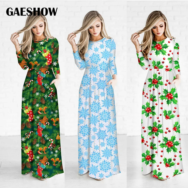 Gaeshow длинные Наряды Бохо для Для женщин 2018 принт рождественское платье с круглым