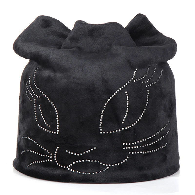 Зимняя фланелевая шляпа дамские шапочки с Стразы Кот улыбка 2019 Осень Мягкая