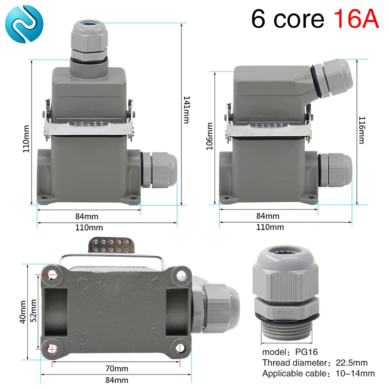 

Heavy duty connector hdc-he-06 rectangular six-core high base aviation plug socket waterproof 16A