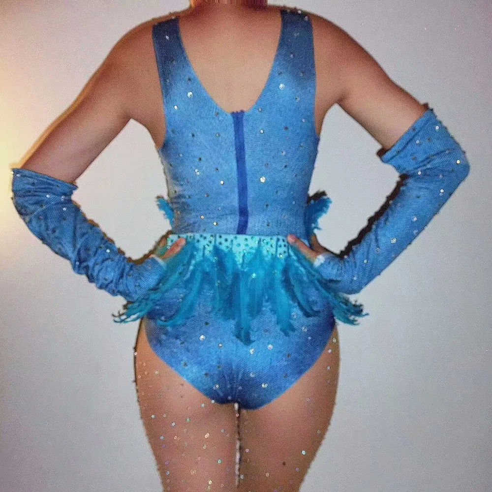 Blue Feathers Crystals Bodysuit Female sexy Skinny Catsuit Nightclub Bar DJ DS costumes Dancing Groups stage performance Clothes