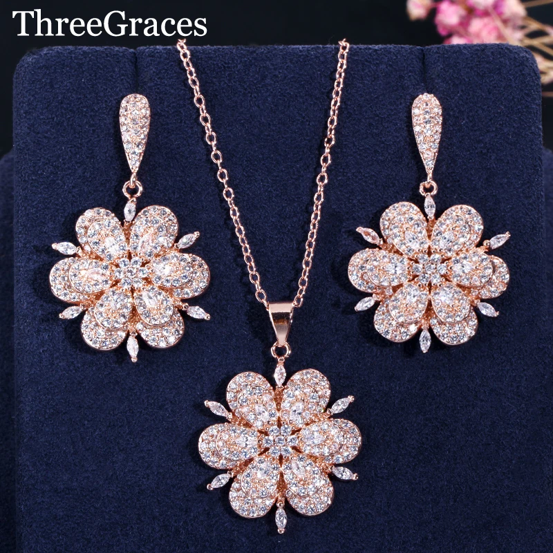 Набор ювелирных изделий ThreeGraces серьги с подвеской и большим цветком из розового