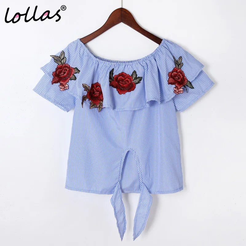 

lollas Summer Slash Neck Flower Embroidery Blouse Women off Shoulder Embroidered Short Sleeve Top