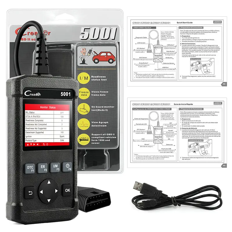 LAUNCH CR5001 LAUNCH CR5001 OBDII Автомобильный сканер многоязычный OBD2 считыватель кодов неисправностей ECU Live Data Read OBD2 Диагностический Инструмент Бесплатное обновление - Цвет: LAUNCH CR5001