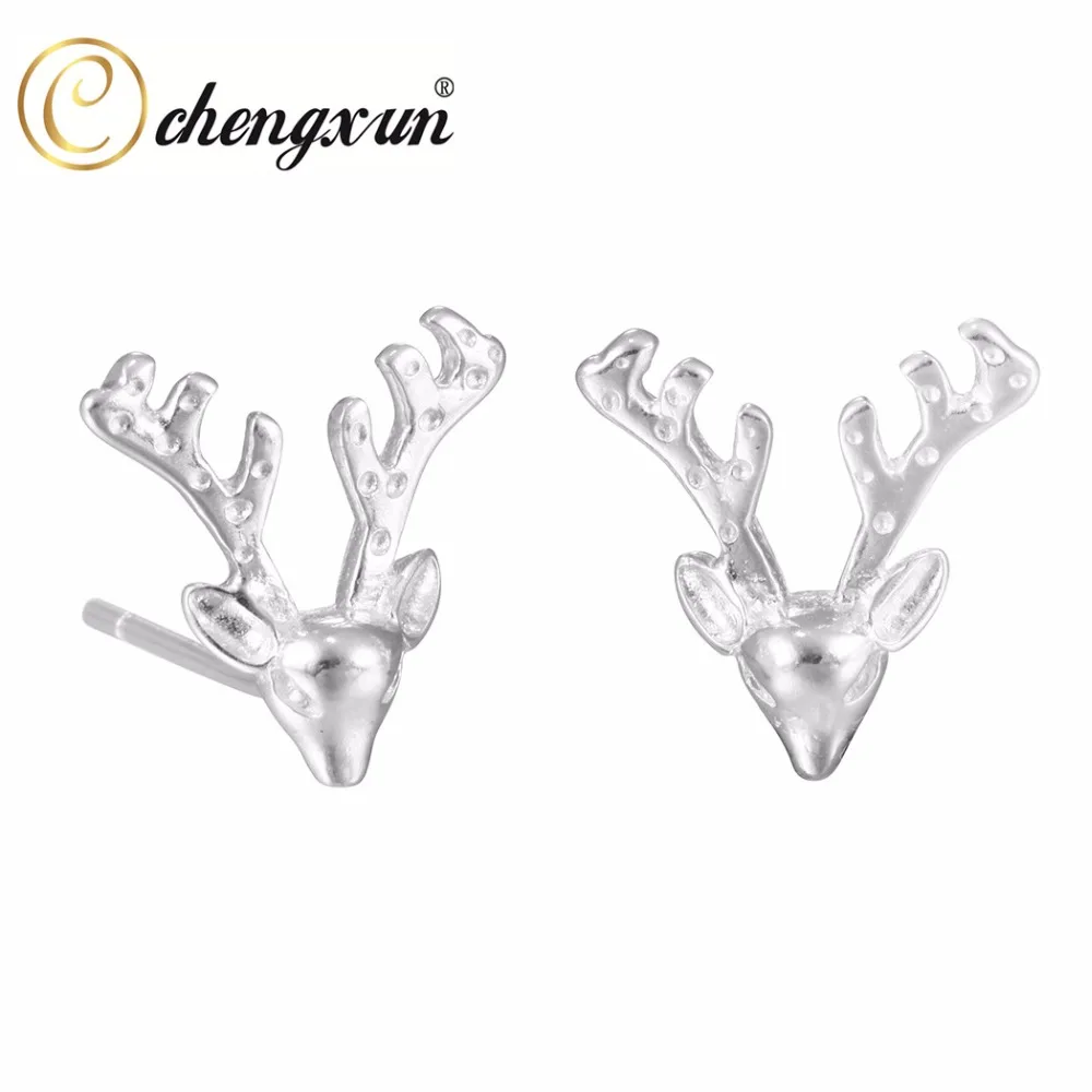 CHENGXUN 1 Pair Detailed Deer Horn Antler Animal silver color Stud Earrings Chrismas Best | Украшения и аксессуары