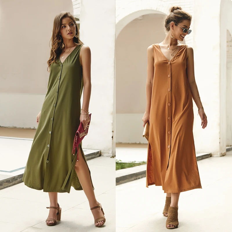 YUANSHU Elegant Maxi Dress Women Summer Solid Sleeveless V Neck Single Breasted Long Off Shoulder Office Ladies Dresses | Женская одежда