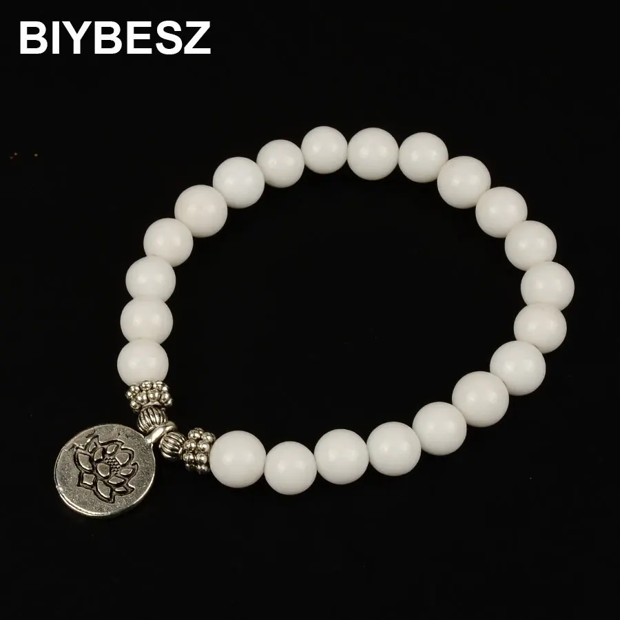 White Natural Stone OM Lotus Buddha Beads Bracelet Yoga Chakra Mala Women Men Beaded Charm Handmade Jewelry | Украшения и