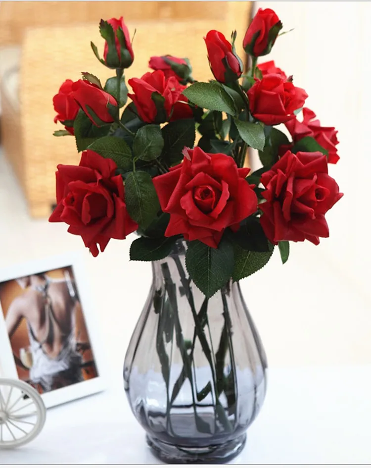 3 головки искусственные розы на ощупь декоративные свежие цветы латексные для