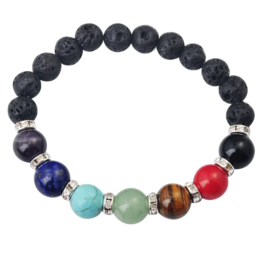 

Muti-color Design Mens Bracelets Lava 7 Chakra Healing Balance Beads Bracelet Rhinestone Reiki Prayer Stones
