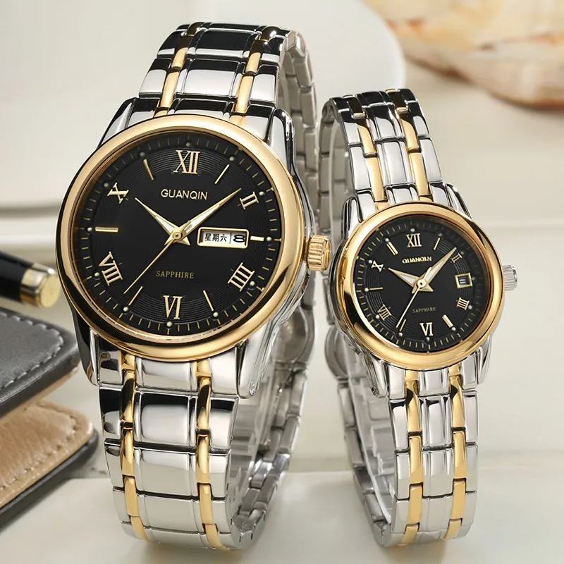 gold black GUANQIN, деловые часы для пары, набор, роскошные часы из нержавеющей стали для мужчин и женщин, для влюбленных, наручные часы, кварцевые часы для женщин, мужские часы - Цвет: gold black
