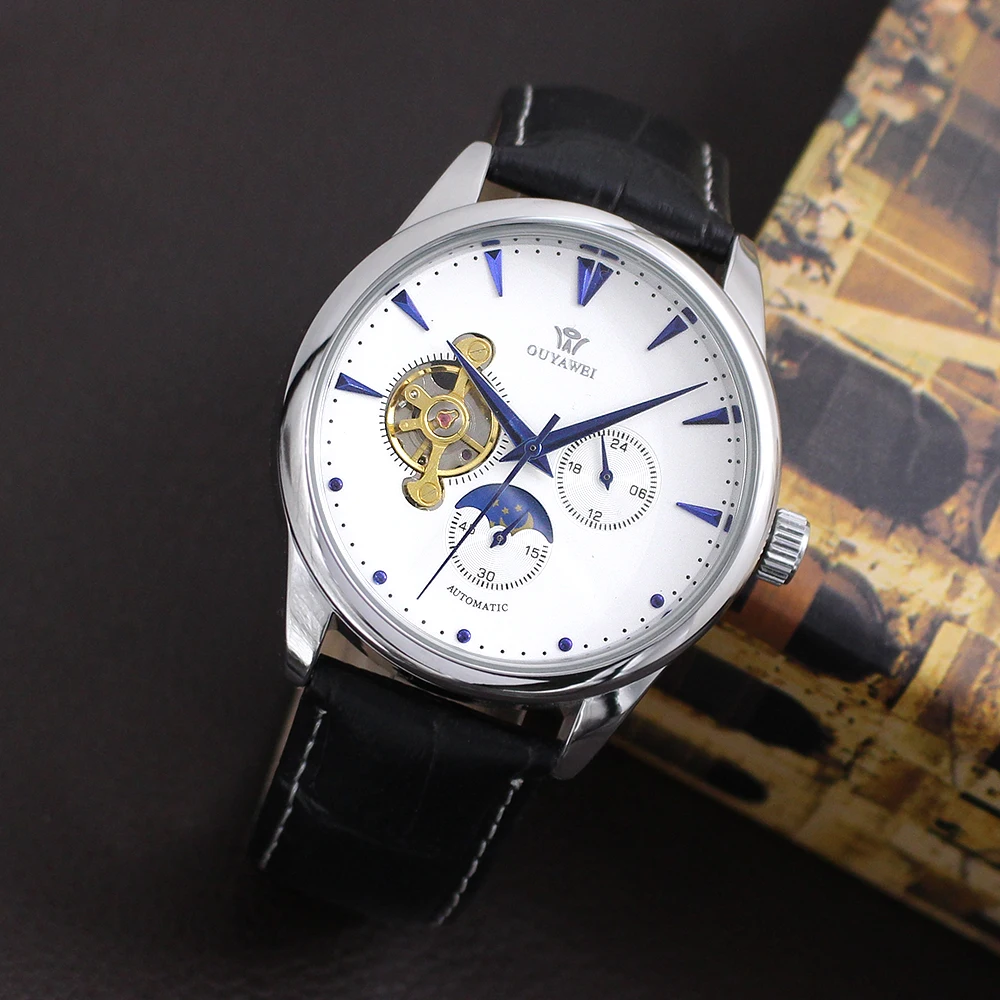 

OUYAWEI Mens Watch Moon Phase Tourbillon 24-Hour Dial Automatic Clock with Genuine Leather Band Retro Male Mechanical Wristwatch