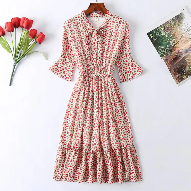2019 Chiffon New Leisure loose summer Women dress Short sleeve Floral print Bow tie Elastic Waist A-line aa907 | Женская одежда