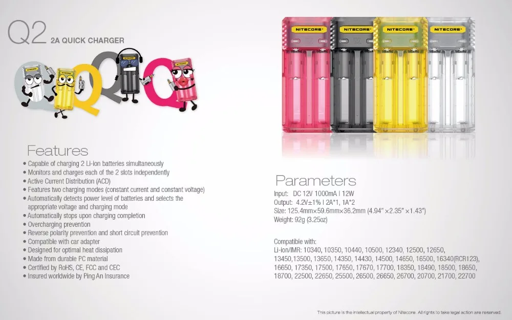 Умное зарядное устройство NITECORE Q2 с 2 слотами IMR/li ion для 18350 14500 16340 RCR123 26650 10340 10350 10440
