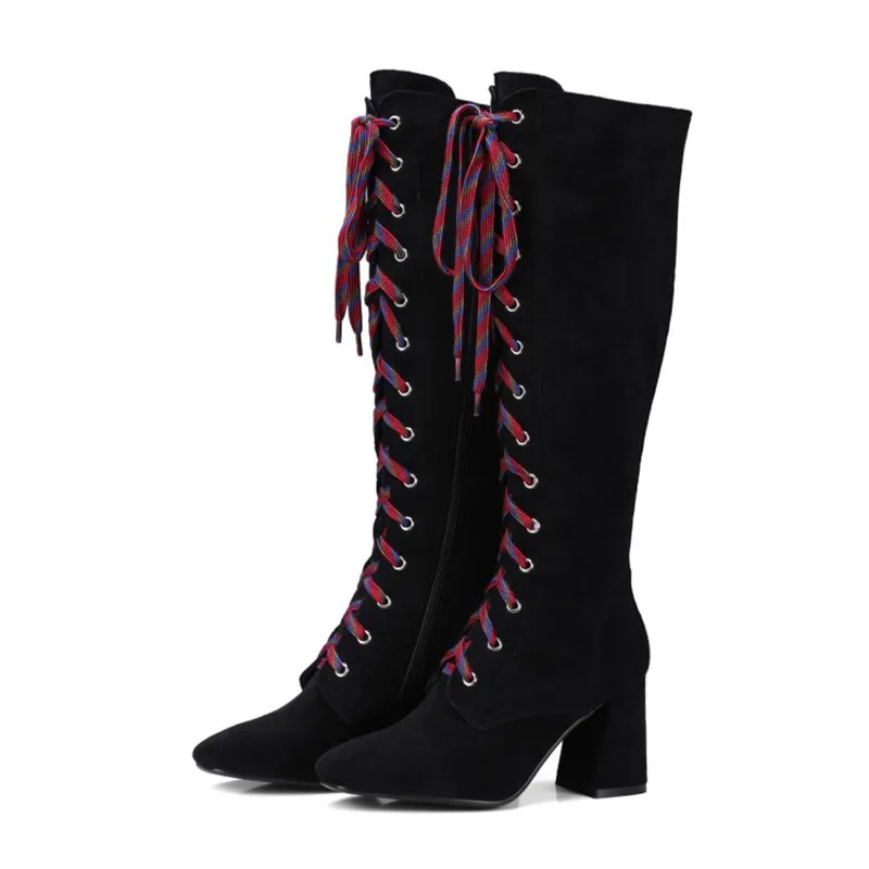Black Prova Perfetto, модные коричневые однотонные сапоги до колена из натуральной кожи на массивном каблуке, сексуальные женские сапоги на высоком каблуке с круглым носком и перекрестной шнуровкой - Цвет: Black
