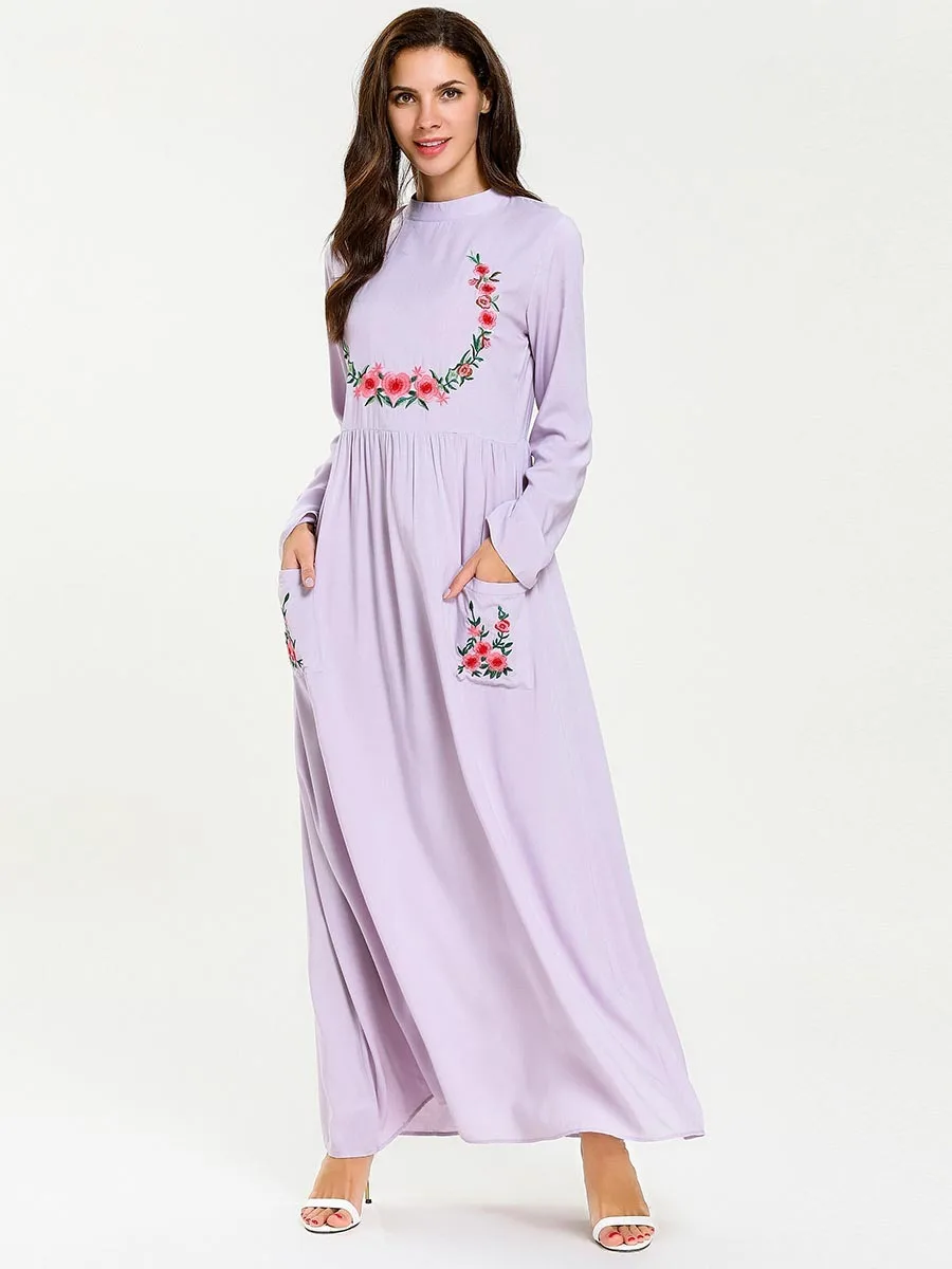 Длинное мусульманское платье макси Abaya Дубаи длинный рукав с вышитым карманом