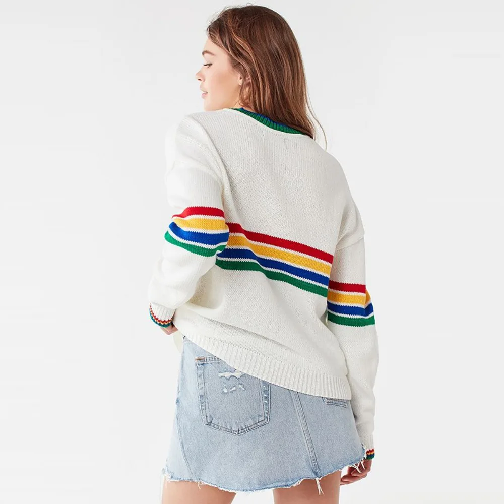 Darcydebie Women Autumn Sexy Sweet O neck Rainbow Knitted Striped Loose Casual Girl Pullover Sweater Tops | Женская одежда