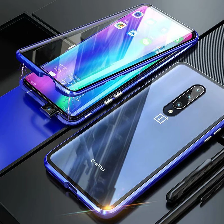 Blue 360 oneplus7P Встроенный металлический чехол с магнитной адсорбцией для Oneplus One Plus7 Pro Роскошный 360 Полное покрытие переднее заднее стекло двойная защита экрана - Цвет: Blue 360 oneplus7P