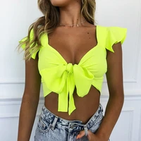 omilka crop t shirt women ruffle butterfly sleeve v neck bandage neon green orange 2019 summer party club streetwear tops tees