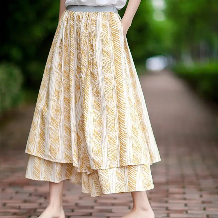 New Flowing irregular culotte summer trousers with batik cotton and linen wide pants loose double layer printed pantalon | Женская