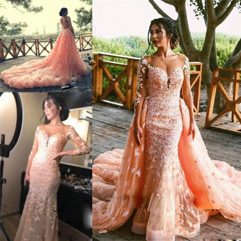 2018 великолепные Выпускные платья русалки со съемным шлейфом иллюзия длинные