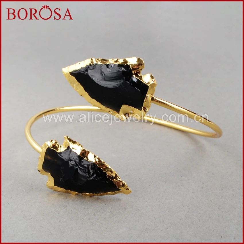 

BOROSA Fashion Druzy Bangles ,Natural arrowhead Black Obsidian Bangles Gold Quartz Adjustable Bracelet Bangles G527