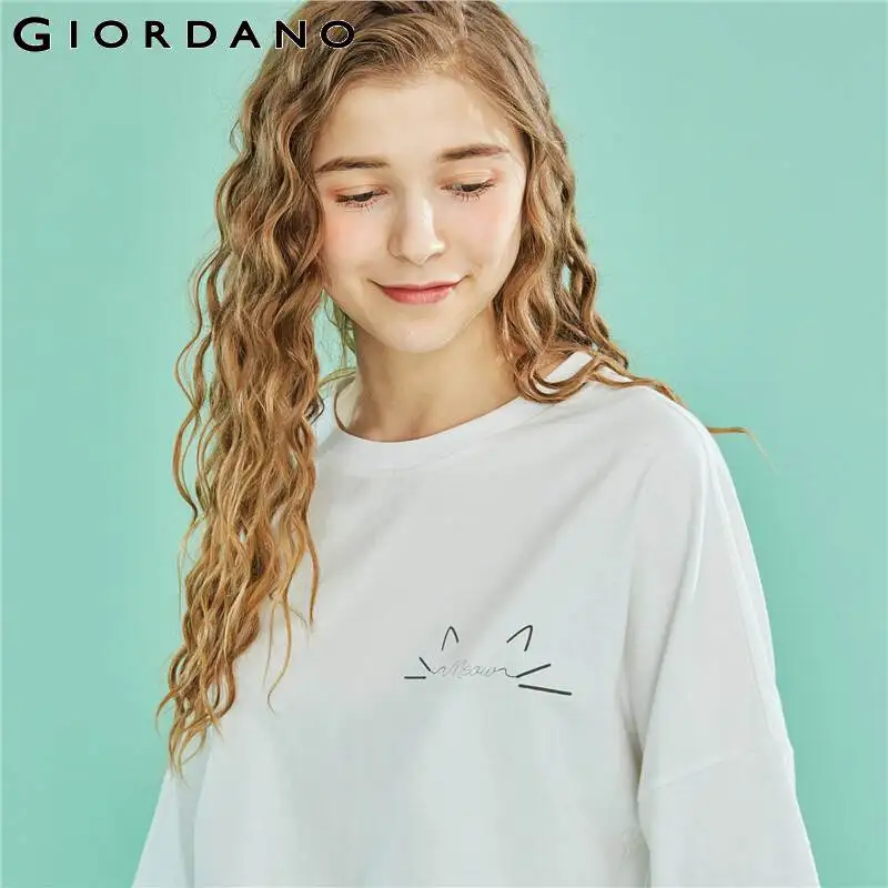 Giordano женская футболка белая с графическим принтом рисунком кота коротким