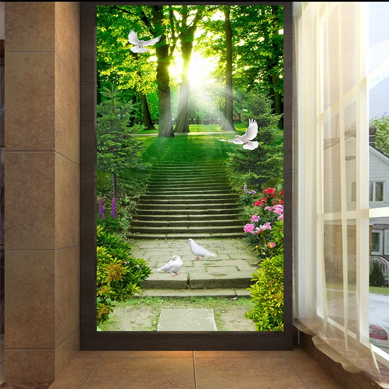 Изготовленный На Заказ 3D крутое зеленое леса и цветы пробный дорога обои для