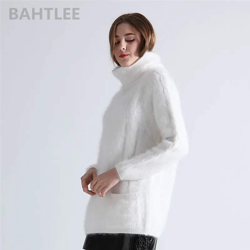 BAHTLEE Winter Women Angora Pullovers Jumper Sweater Turtleneck Mink Cashmere Knitting Pockets Long Sleeves Keep Warm Loosefir | Женская