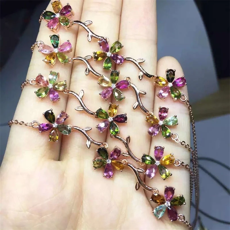 SHIQING Rainbow gemstone tourmaline rose gold white color 925 sterling silver fashion flower charming bracelet for gift | Украшения и