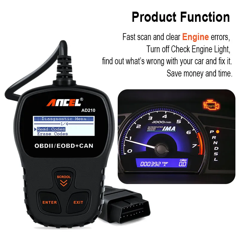 Ancel AD210 OBD2 диагностический сканер для автомобиля Автомобильный на испанском