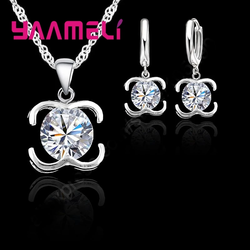 

Luxury Solid 925 Sterling Silver Sparkling AAA Zircon Women Party Jewelry Pendant Necklace Lever Back Earrings Sets