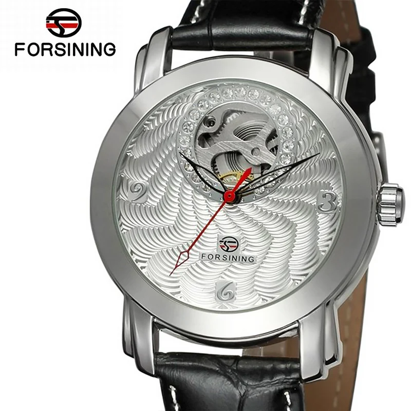 

FROSINING Wave Dial Men Mechanical Watches Women Rhinestone Skeleton Gold Genuine Leather Strap Self-wind Automatic Wrist Watch